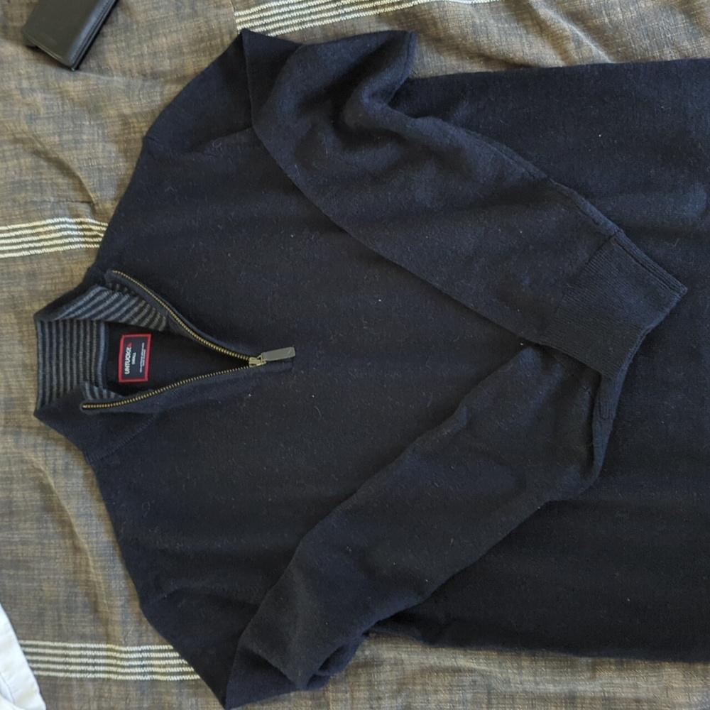 UNTUCKit Navy Merino Wool Quarter-Zip Sweater, Small